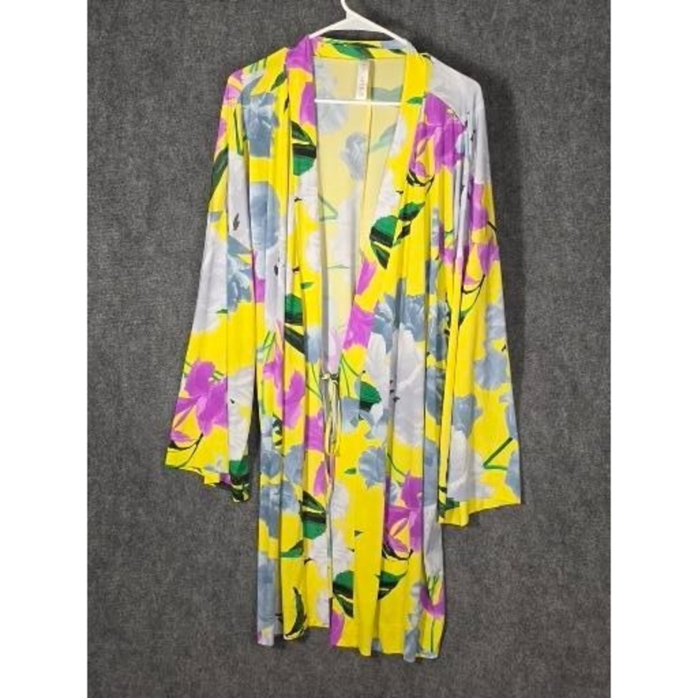 Cacique Yellow Floral Kimono Robe Plus Sz 22/24 Long Sleeve Open Front Tie Boho